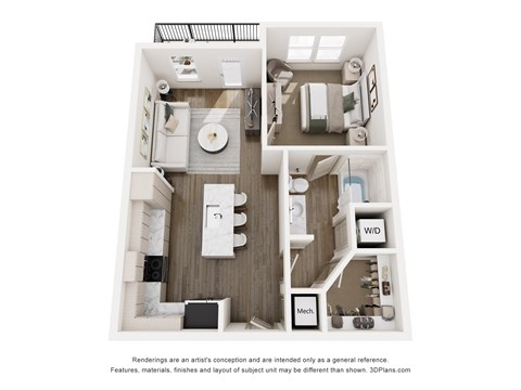 A 3D floor plan of The Atticus - 1-bed 1-bath apartment at The Portier Midtown in Mobile, AL
